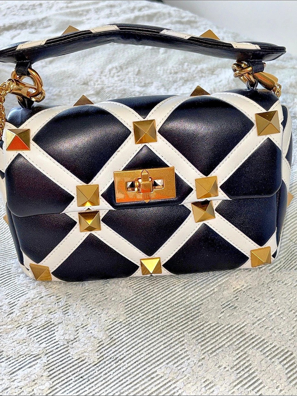 Geometric Studded Shoulder Bag in Black & White